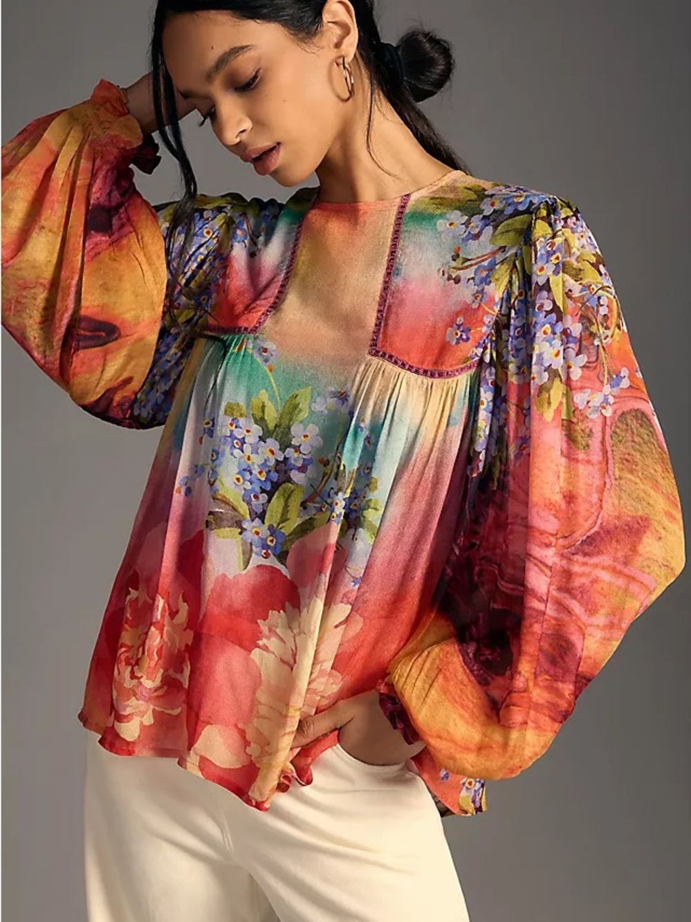 Anthropologie Bl-nk Floral Watercolor Long-Sleeve Peasant Top Small